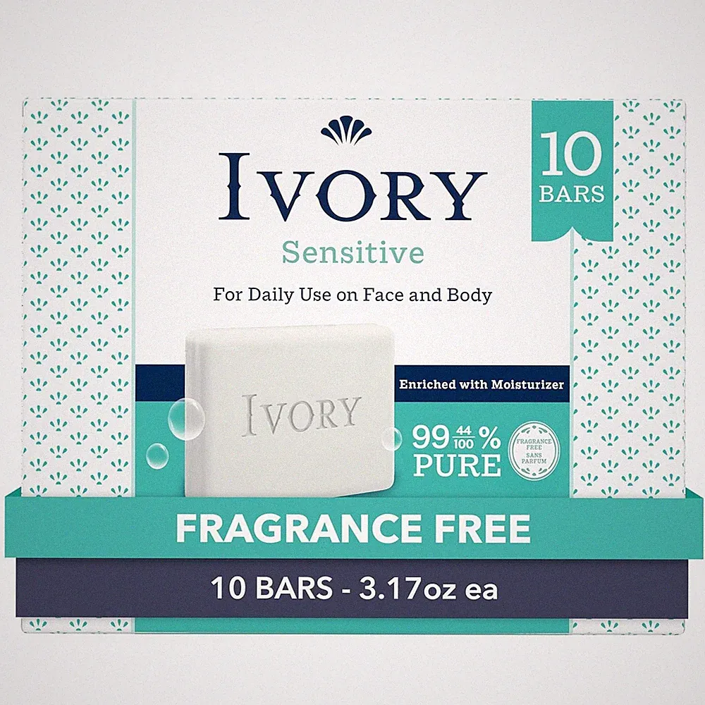 Ivory Sensitive Bar Soap, Designed for Whole Family, Fragrance Free, 99.44% Pure